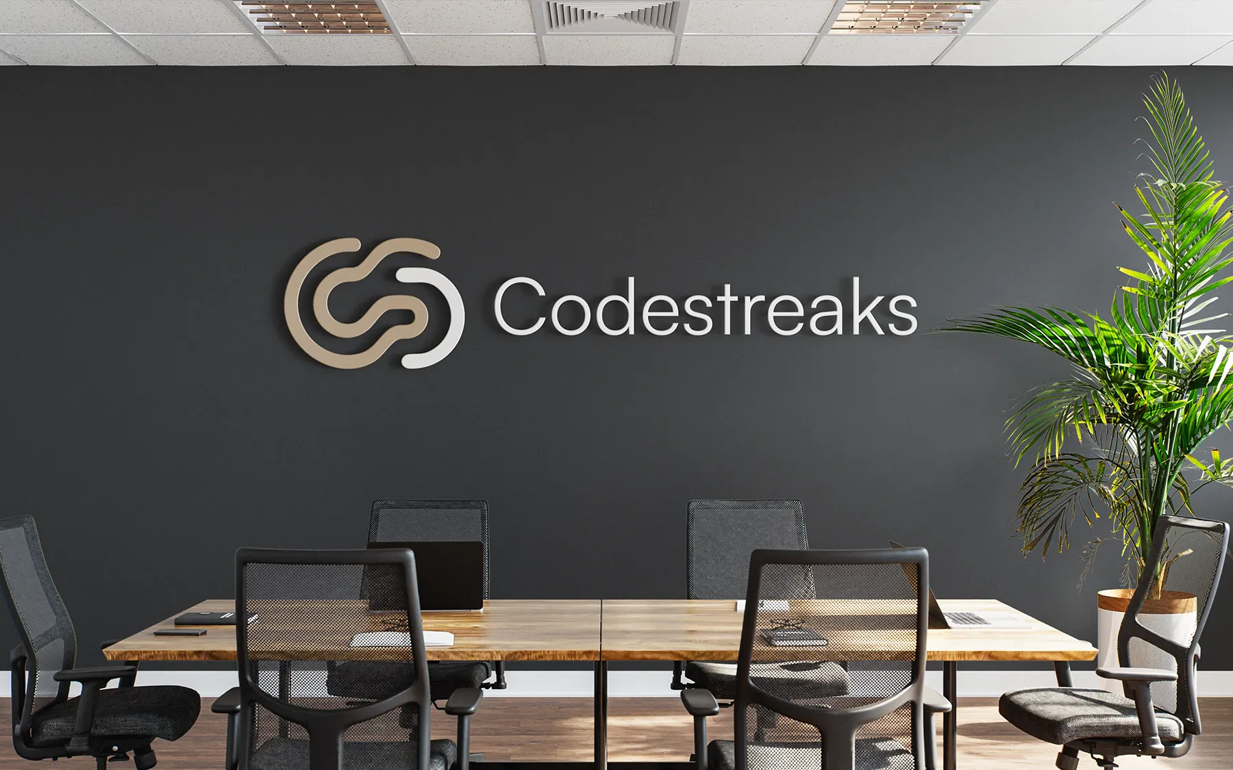 Brand identity for CodeStreaks, logo applied on office environmental signage