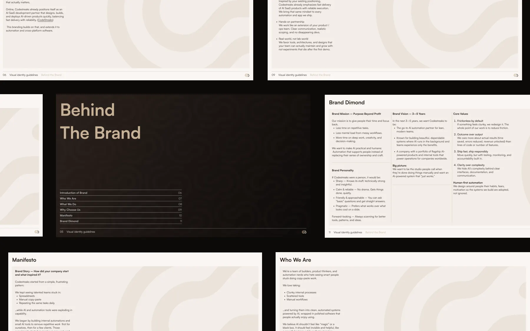 Brand identity for CodeStreaks, positioning and messaging framework laid out on screen