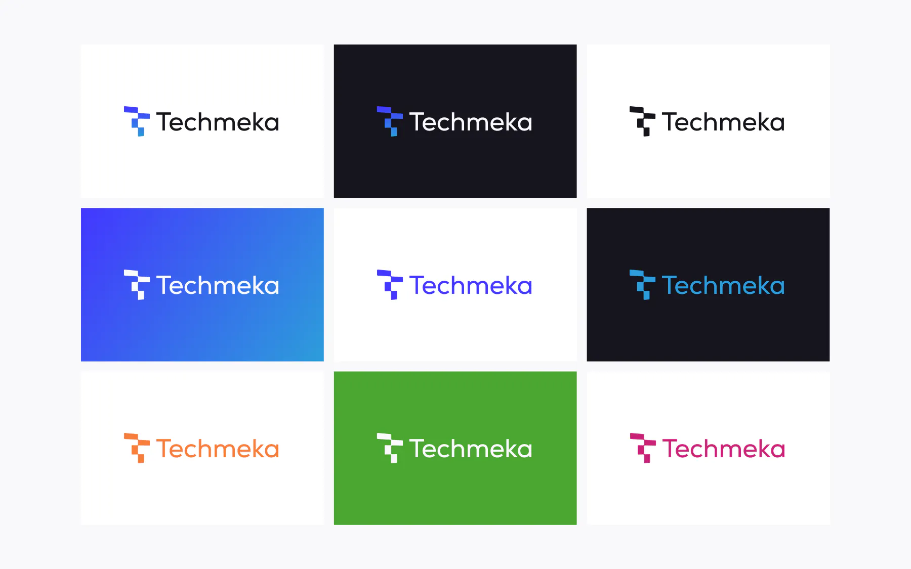 TechMeka logo lockups across primary, reversed, and gradient treatments