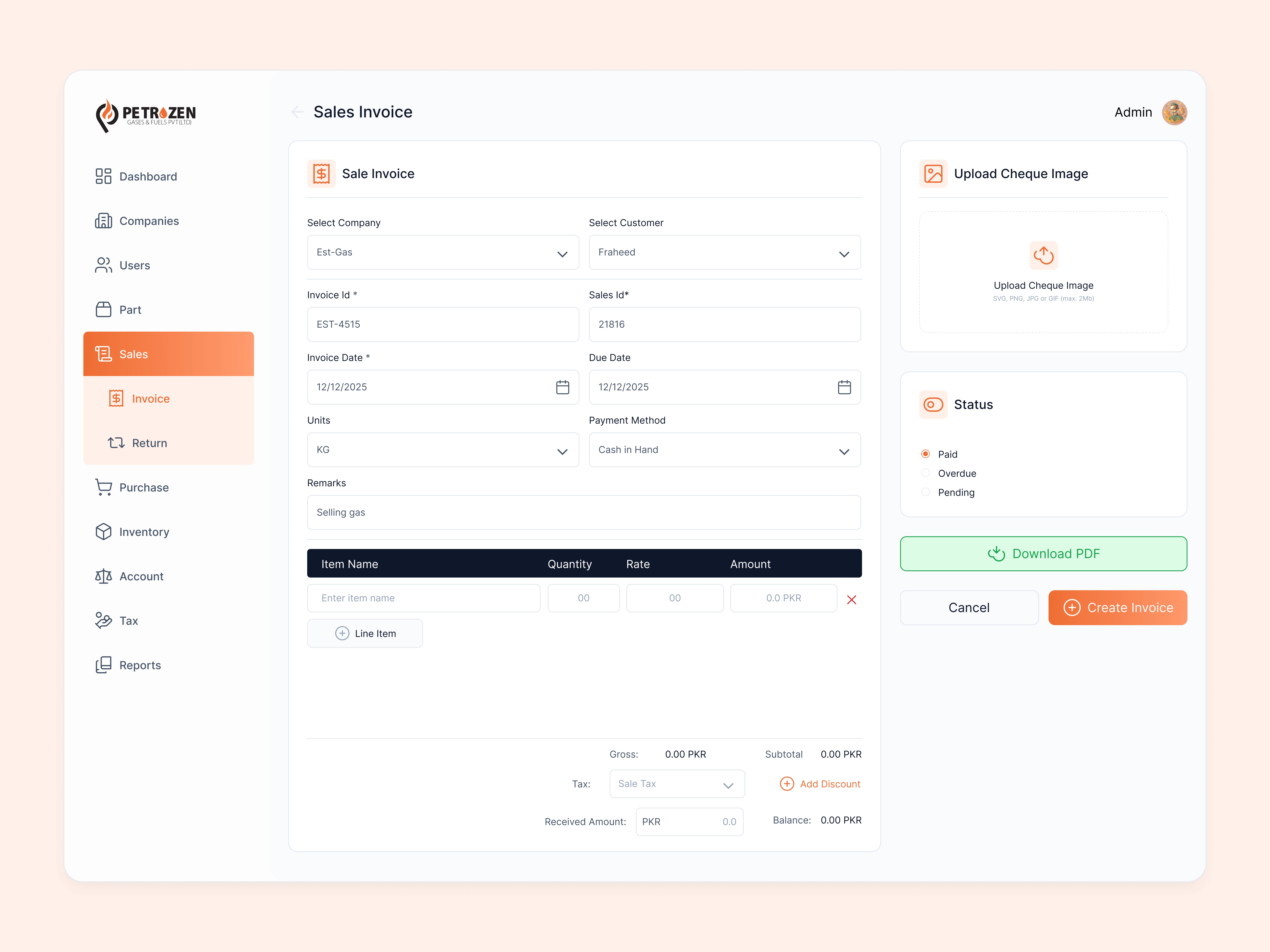 High fidelity invoice creation screen