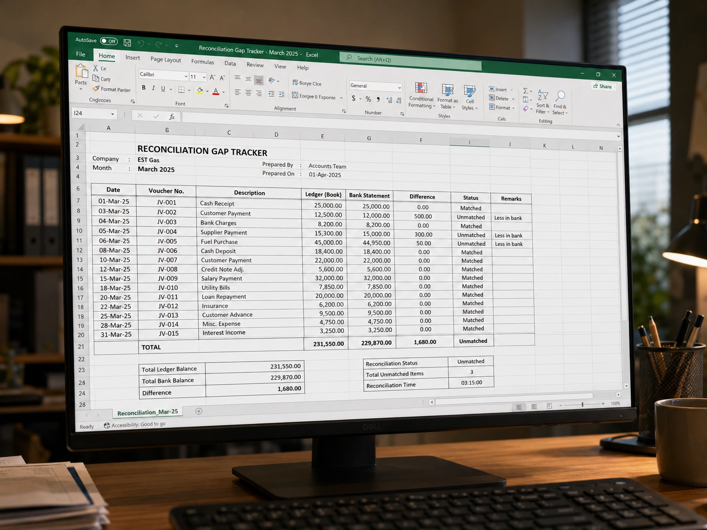 Raw spreadsheet screenshot showing reconciliation mismatches